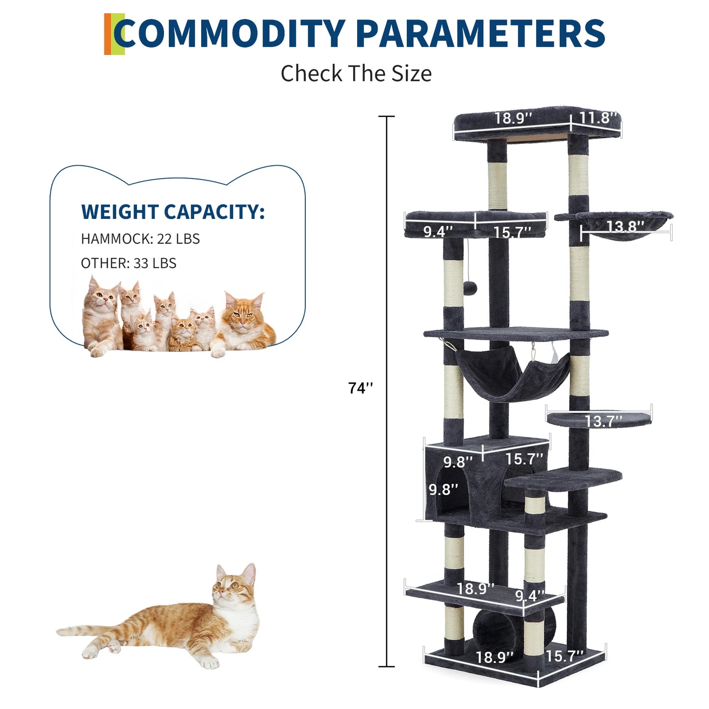 Multi-Level Cat Tree Tower Heavy Duty Condo with Scratching Posts, Hammock, Perch, Toy Balls, Indoor Cat Furniture for Big Cats