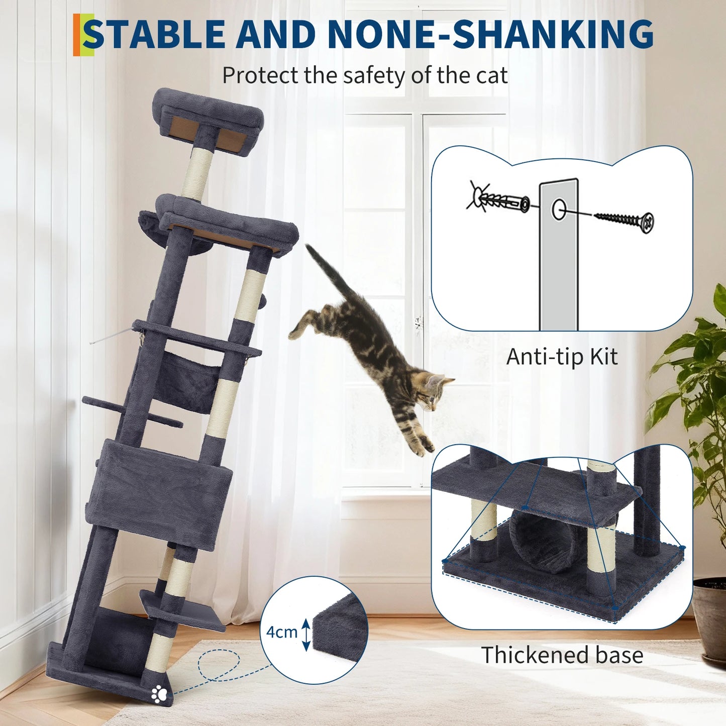 Multi-Level Cat Tree Tower Heavy Duty Condo with Scratching Posts, Hammock, Perch, Toy Balls, Indoor Cat Furniture for Big Cats