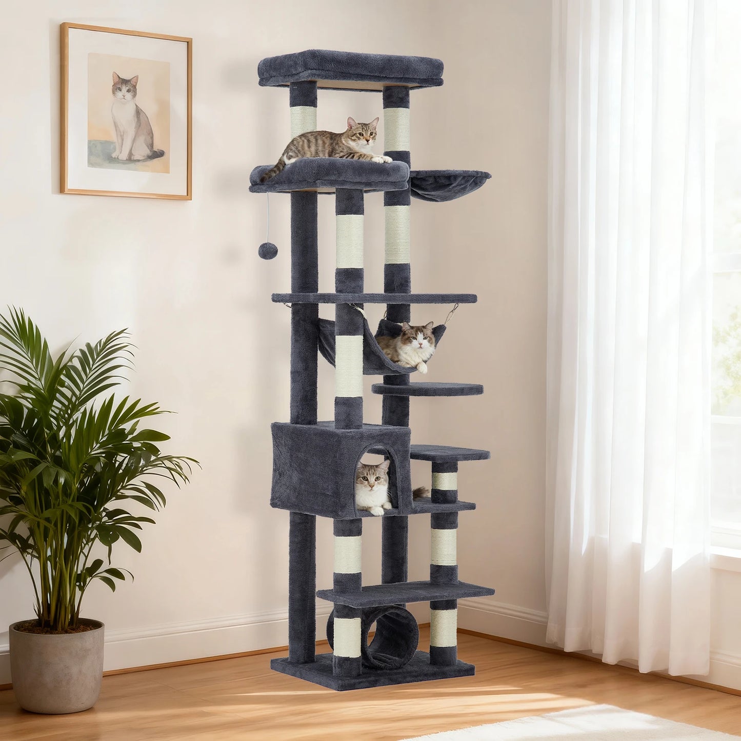 Multi-Level Cat Tree Tower Heavy Duty Condo with Scratching Posts, Hammock, Perch, Toy Balls, Indoor Cat Furniture for Big Cats